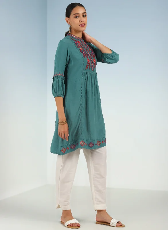 Solid Teal Tunic with Stylish Gathered Sleeve