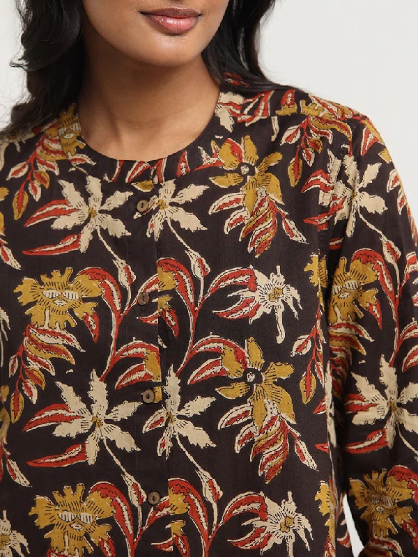 Utsa Brown Floral Printed Cotton Tunic