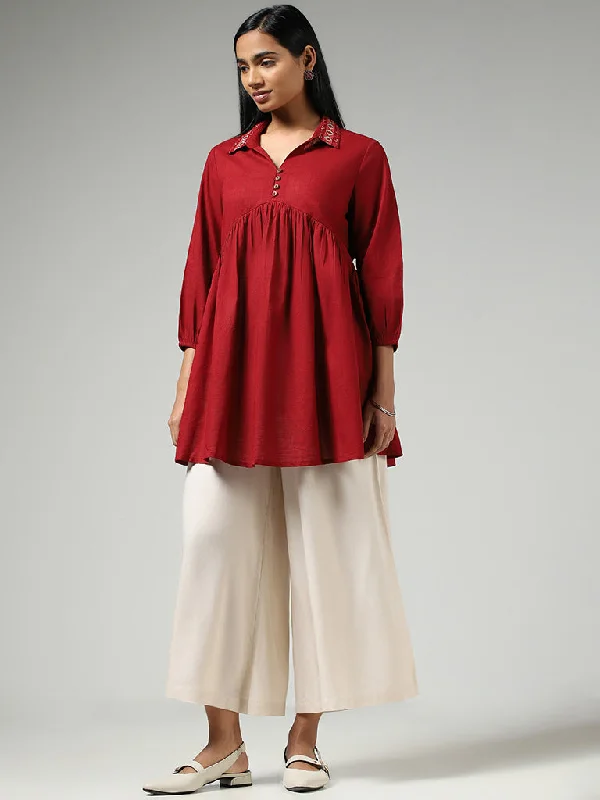 Utsa Maroon Embroidered Collar Gathered Kurti