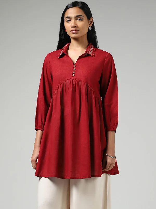 Utsa Maroon Embroidered Collar Gathered Kurti