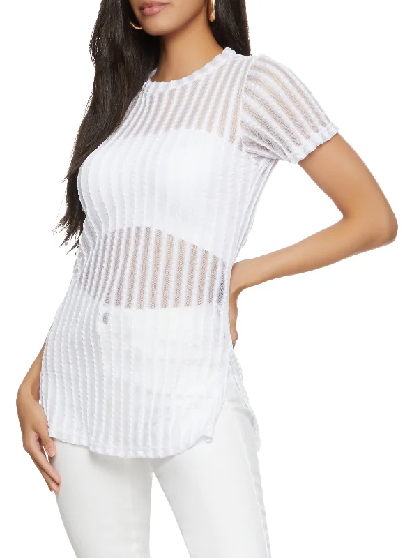 Striped Mesh Detail Side Slit Tunic Top