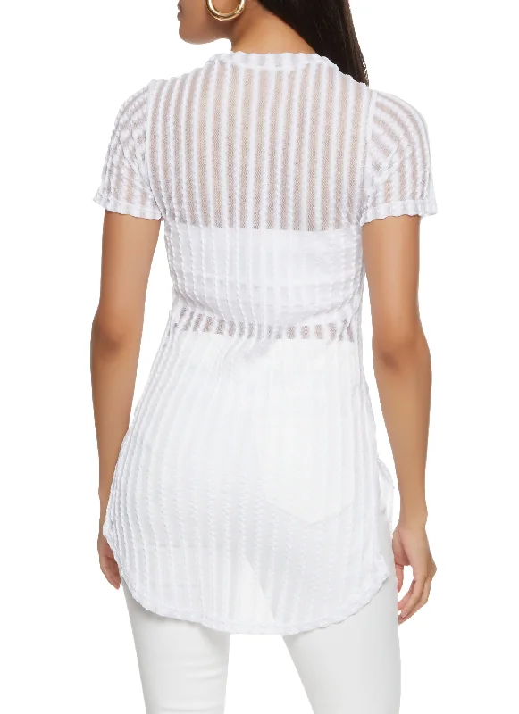 Striped Mesh Detail Side Slit Tunic Top