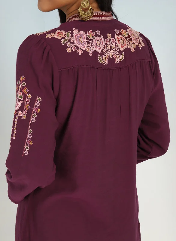 Wine Floral Tunic with Shoulder Gathers