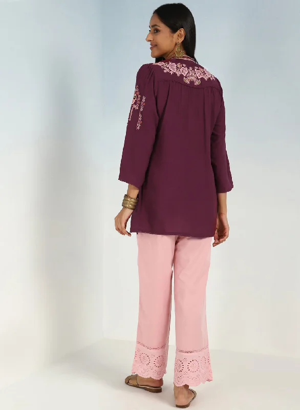 Wine Floral Tunic with Shoulder Gathers