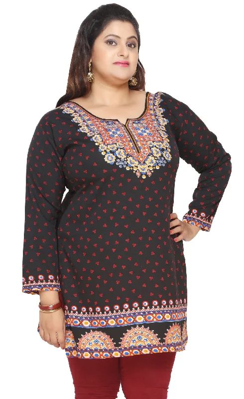 Womens Indian Tunics Kurti Top Printed Plus Size Apparel (Black)