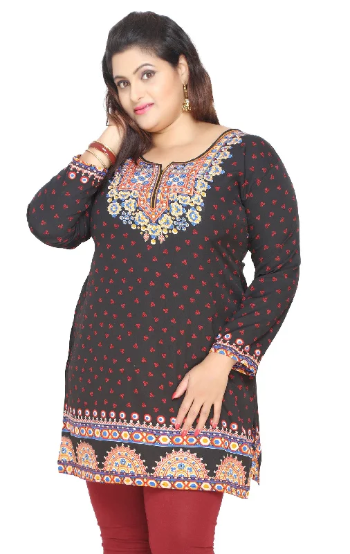 Womens Indian Tunics Kurti Top Printed Plus Size Apparel (Black)