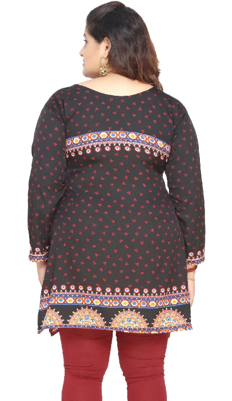 Womens Indian Tunics Kurti Top Printed Plus Size Apparel (Black)