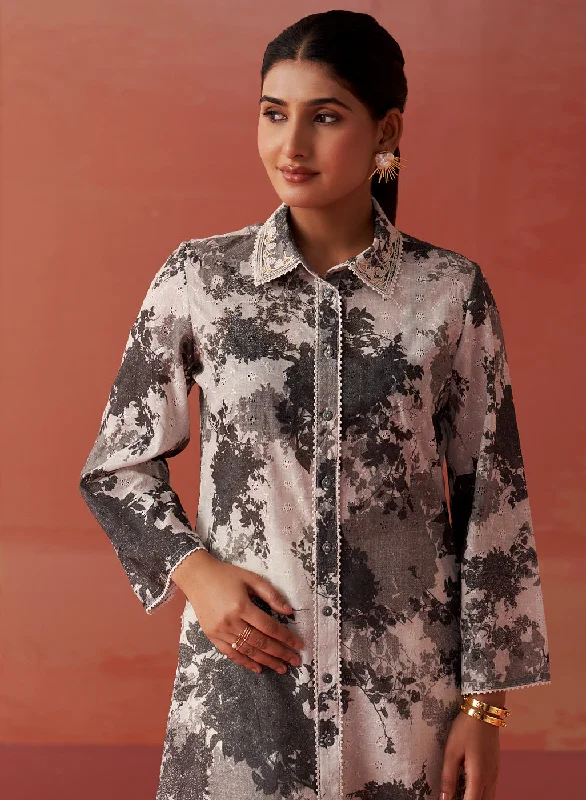 Zareena Grey Printed Schiffli Cotton Shirt