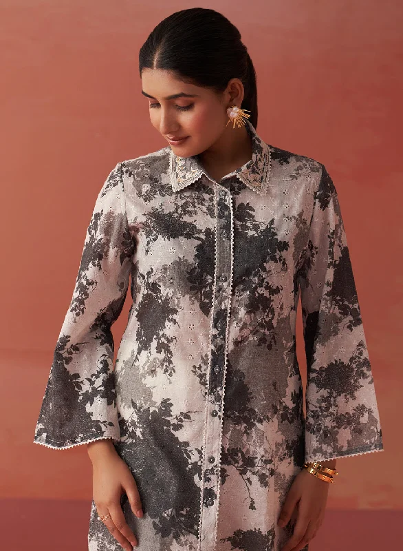 Zareena Grey Printed Schiffli Cotton Shirt