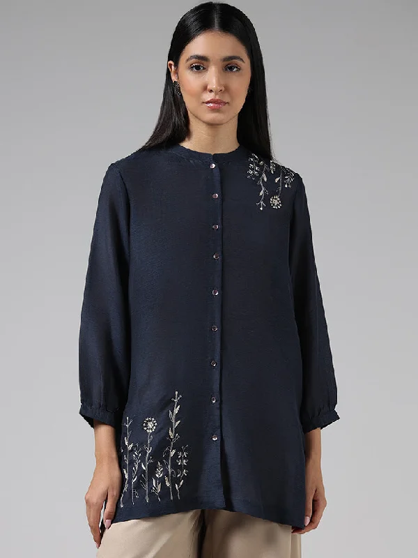 Zuba Indigo Floral Embroidered Blended Linen Buttoned Down Kurti