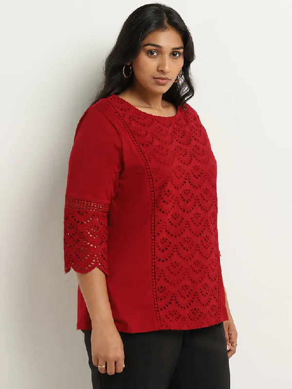 Gia Red Schiffli Detailed Cotton Top