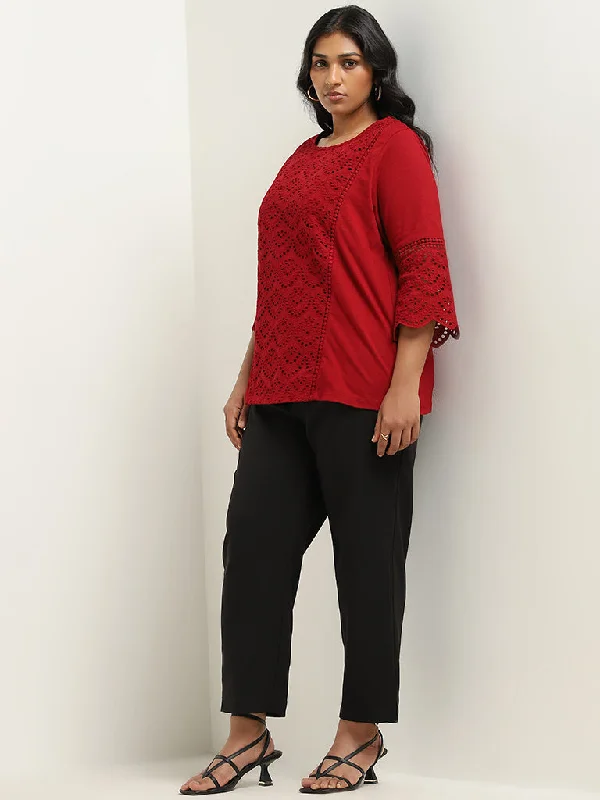 Gia Red Schiffli Detailed Cotton Top