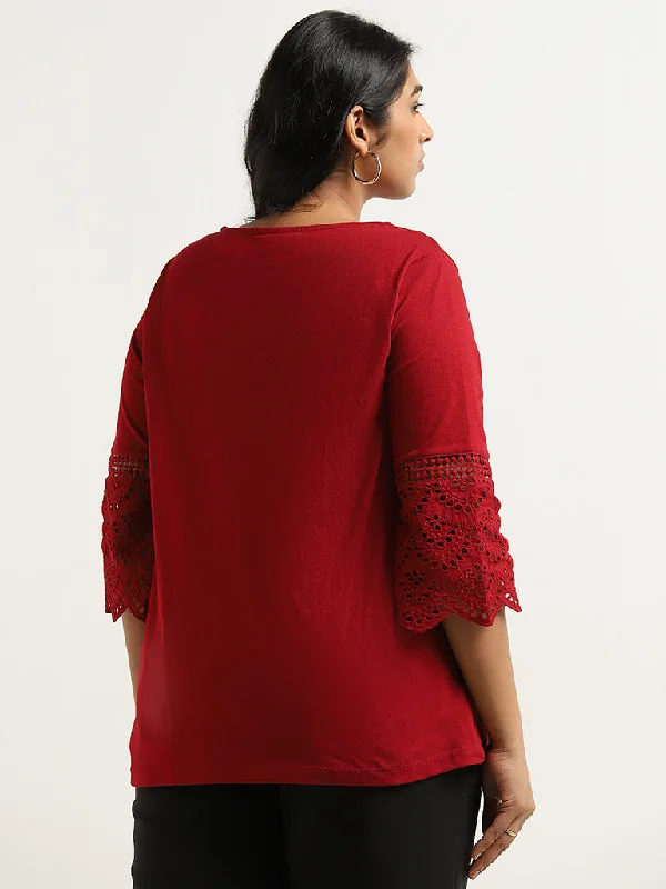 Gia Red Schiffli Detailed Cotton Top