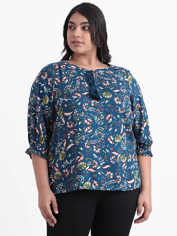 Gia Teal Printed Floral Relaxed-Fit Blouse