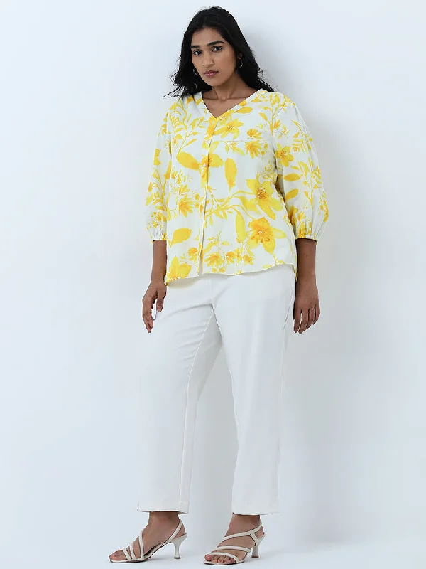 Gia Yellow Floral Printed Cotton Blend Blouse