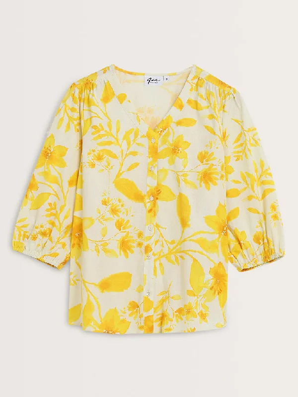 Gia Yellow Floral Printed Cotton Blend Blouse