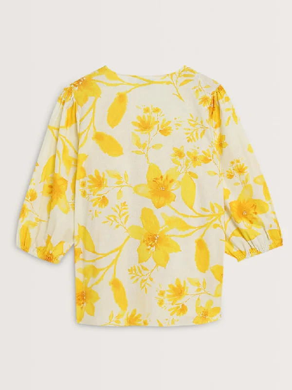 Gia Yellow Floral Printed Cotton Blend Blouse