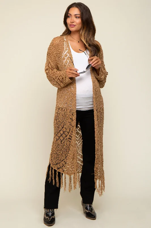 Gold Crochet Fringe Hem Maternity Cardigan