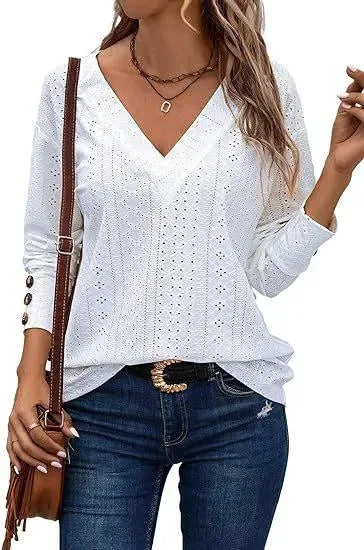 Women's Casual V-neck Long Sleeved Lace Casual Embroidered Shirt top