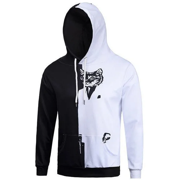 Unisex Black White Cat Hoodie